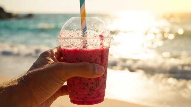 Hand holding pink dragon fruit smoothie cup on tropical beach with turquoise ocean and sunset