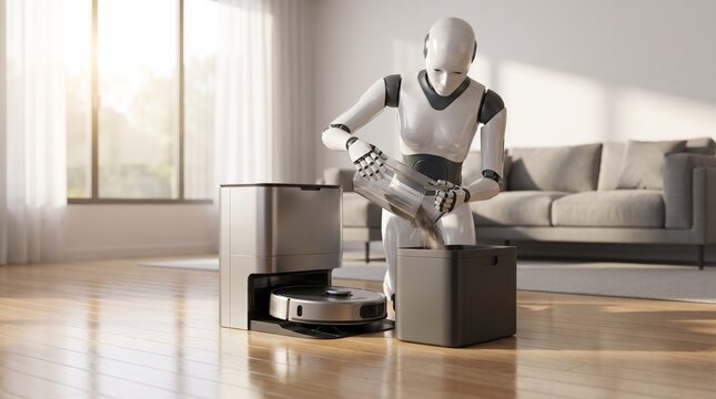 White humanoid robot emptying dust and debris from a robotic vacuum cleaner container into a modern indoor bin.