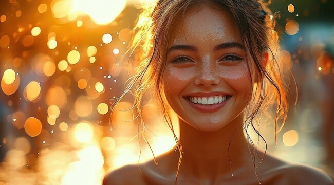Backlit person with pixelated face, wet hair and bare shoulders against golden sunset bokeh over water, warm glowing light and a peaceful dreamy mood