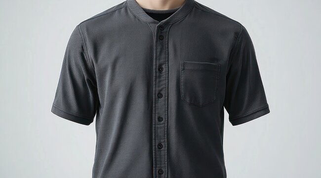 cropped upper body wearing dark charcoal buttoned short-sleeve henley shirt with chest pocket on neutral light gray background, minimal calm mood