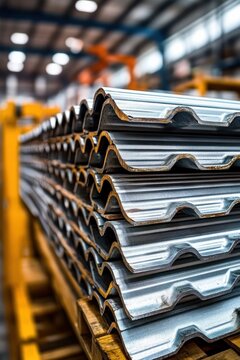 Neatly stacked shiny corrugated steel roofing sheets in a busy warehouse conveying efficiency and industrial order