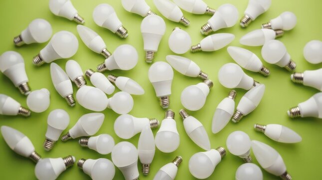 Many white led light bulbs arranged on a bright green background