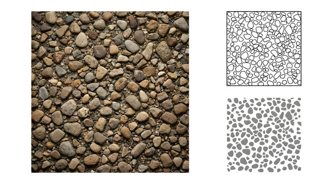 Natural river stone texture, seamless pebble background pattern, brown gravel surface with line art and silhouette icons