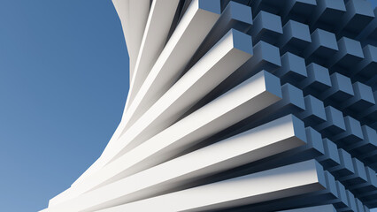 Obraz na płótnie Canvas 3D abstract dynamic geometric spiral rendering with white modern blocks against blue sky. Ideal background for architectural, tech, modern business presentations, websites, and minimalist covers