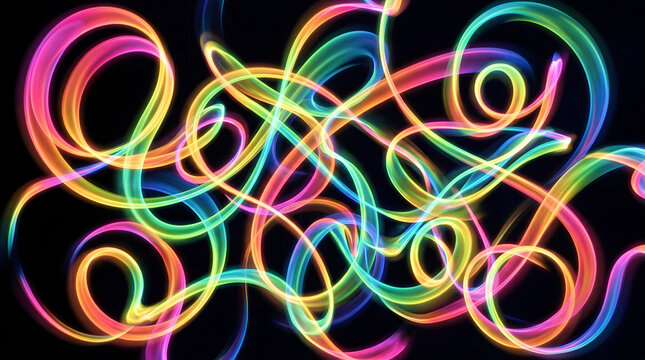 Rainbow Light Trails Abstract: A vibrant, abstract composition features swirling trails of rainbow-colored light against a dark background, creating a mesmerizing and energetic visual effect.
