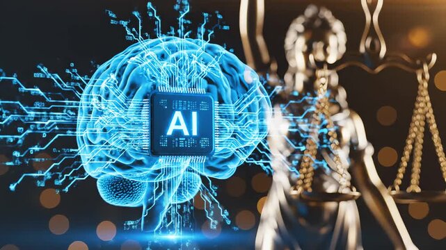 glowing ai microchip brain and lady justice scales representing artificial intelligence legal ethics and law regulation.