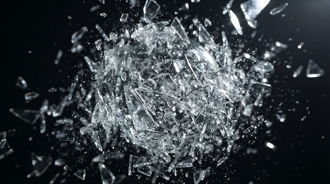 Exploding glass shards on black background, dynamic motion of shattered transparent fragments.