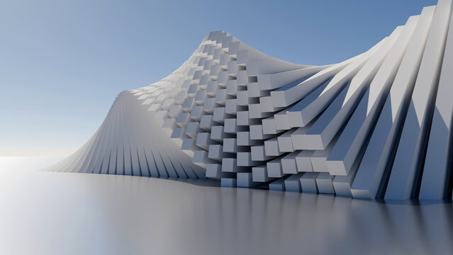 Modern 3D abstract white geometric wave render with light shadows. Ideal for modern architecture backgrounds, tech banners, and presentation covers