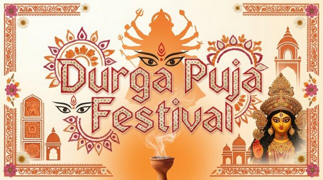 Goddess durga puja festival banner with orange background and floral mandala elements for hindu celebration greeting card.