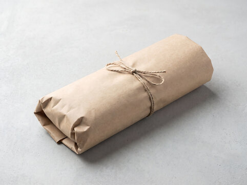 A cylindrical package wrapped in brown craft paper tied with rustic jute twine on a textured gray background transparent background