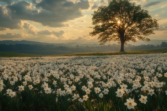 Tranquil sunlit meadow of white daffodils with a solitary tree and golden rays piercing dramatic clouds over rolling hills at sunrise