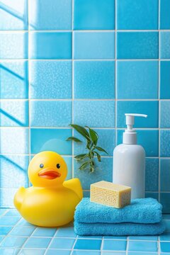 Bright cheerful bathroom still life with yellow rubber duck, white soap dispenser, sponge on folded blue towel and small green sprig against glossy blue tiles