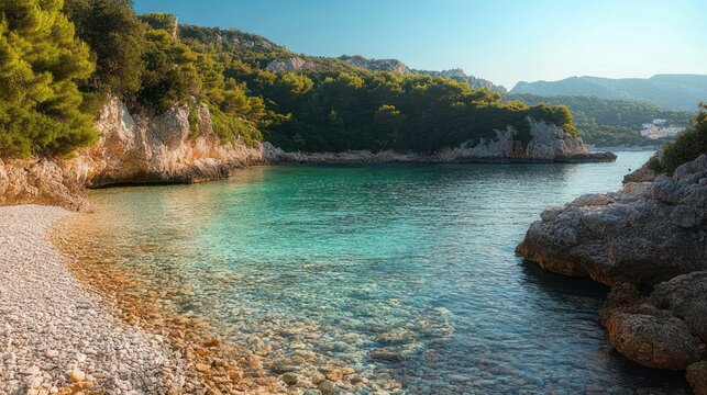 Tranquil pebble beach and turquoise cove framed by rocky cliffs and pine-covered hills under a clear blue sky