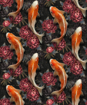 Seamless sophisticated Japanese style texture featuring elegant abstract koi fish and peony flower structures with refined technical artistic design