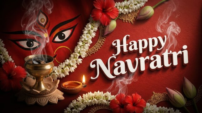 Happy Navratri celebration featuring Maa Durga face and floral arrangements auspicious symbols and incense smoke.
