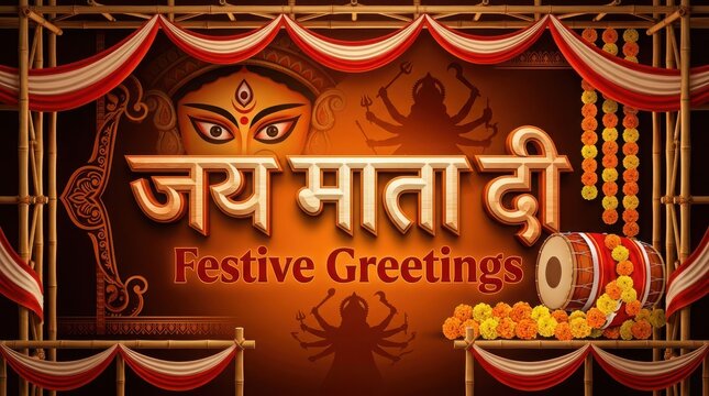 Jai Mata Di festive greetings with Goddess Durga silhouette dhol drum and marigold flower garlands traditional India.