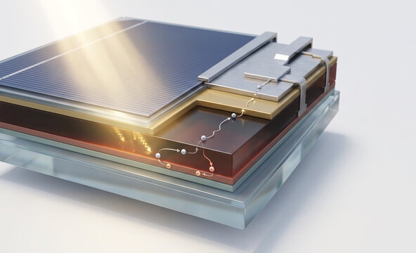 Photorealistic Cutaway of a Solar Photovoltaic Cell Revealing Internal Layers and Electron Flow