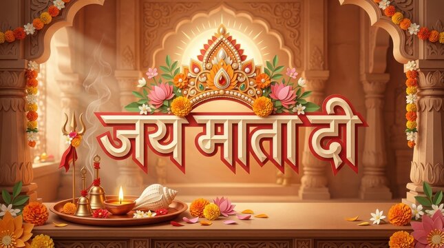 Jay mata di festive greeting featuring temple architecture crown flowers diya oil lamp and incense smoke hindu celebration.