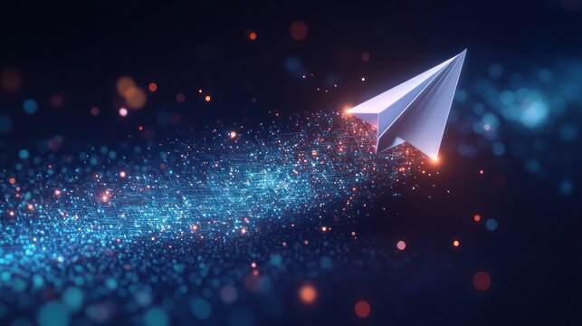 Paper airplane soaring through a glowing blue and orange particle trail across a dark bokeh background, conveying motion, wonder and optimistic ascent