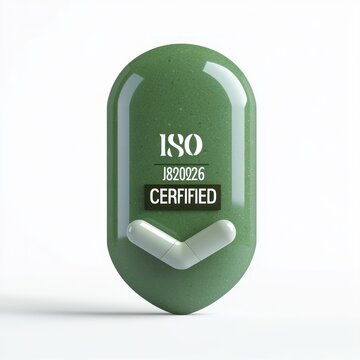 Glossy green pill-shaped certification badge with white block text and label, two small white capsules arranged like a checkmark, minimalist clean design conveying trust and quality