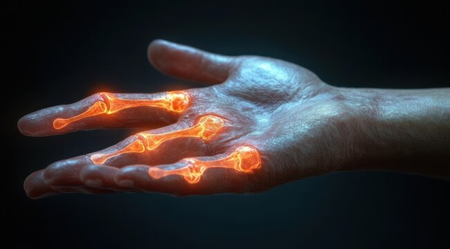 Outstretched human hand with translucent skin revealing glowing orange bones and joints, eerie futuristic anatomical glow against a dark background
