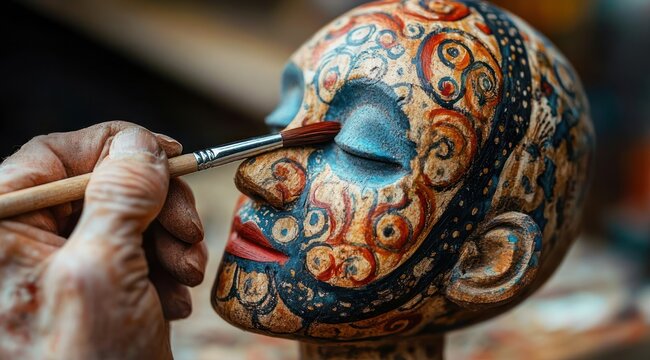 Close-up of artisan hand painting an ornate sculpted head with swirling gold and blue patterns, applying blue eye paint with focused, calm precision
