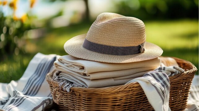 Woven picnic basket with a stack of folded neutral linens and a striped blanket, topped by a straw sun hat on grass in a sunlit garden, evoking relaxed summer leisure