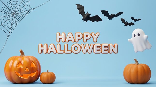 Happy halloween celebration background with carved pumpkins flying bats a ghost on a blue backdrop spider web jack o lantern halloween party autumn holiday trick or treat scary decoration