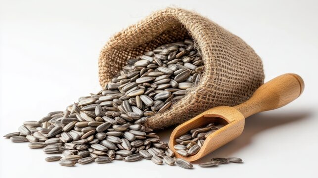burlap sack spilling striped sunflower seeds onto white background with wooden scoop, rustic abundant and wholesome