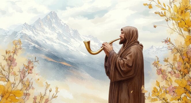 hooded robed figure sounding a curved horn in a misty alpine valley surrounded by golden autumn foliage, evoking reverence and serene solitude