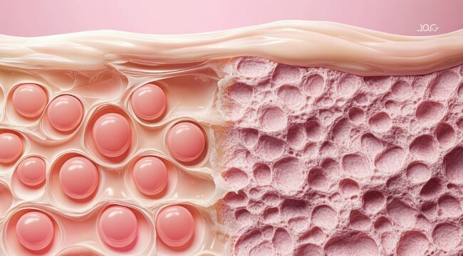 pink cross-section of skin and tissue showing smooth surface layer, rows of round translucent fat cells and adjacent sponge-like porous tissue, clinical and slightly unsettling
