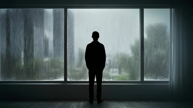 窓の外に広がる景色を見つめる人影