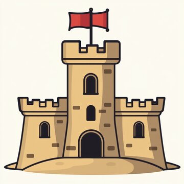 whimsical sandy castle with central tower, two side turrets, arched door and windows, crenellations and a waving red flag, playful cheerful illustration