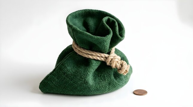 Green fabric money pouch tied with a twine rope next to a copper coin on a white background green bag savings bag currency pouch finance concept economics investment business treasure