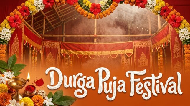 Traditional durga puja festival pandal decorated with bamboo structures and red flower garlands for hindu celebration.
