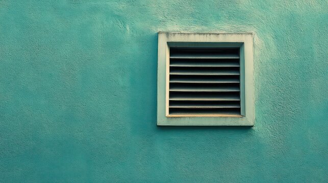 solitary square ventilation grille with horizontal louvers on weathered turquoise wall, minimalist composition conveying calm and quiet