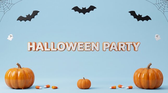 Halloween party text banner with pumpkins and flying bats on blue background jack o lantern pumpkins celebration seasonal decoration greeting invitation template tradition creative