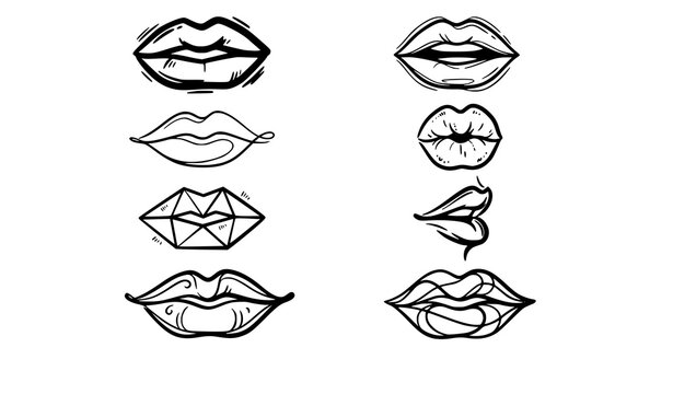 Artistic sensual lips sketch collection with expressive feminine mouth outlines and abstract fashion inspired monochrome vector designs