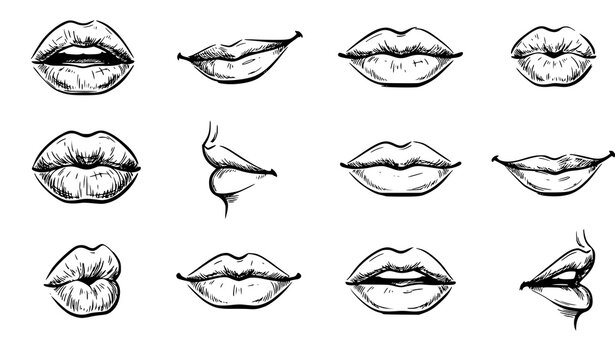 Sexy lips sketch collection featuring elegant feminine mouth shapes expressions and hand drawn fashion vector line art on white background