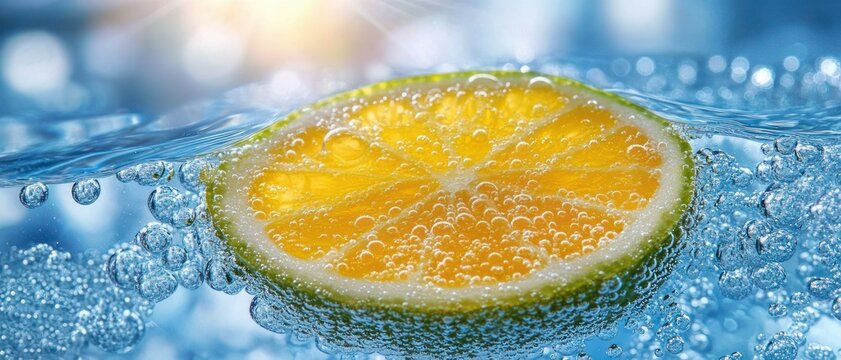 bright yellow citrus slice with green rind submerged in sparkling water, surrounded by effervescent bubbles and light, evoking a refreshing and zesty feeling