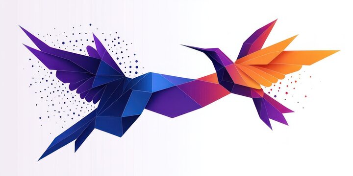 Two geometric hummingbirds in vibrant blue, purple and orange tones flying toward each other in dynamic, energetic motion with dotted halftone accents on a white background