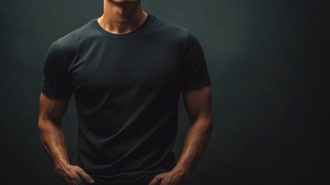 A man is wearing a black shirt and holding his hands in his pockets. The image has a mood of confidence and strength