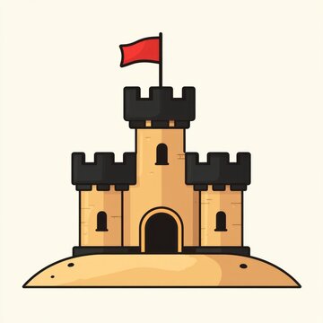 Playful three-tower sandy castle with black battlements, arched central entrance, narrow windows and a red flag, perched on a small sand mound