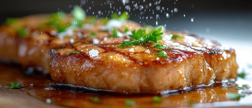 Close-up of two glistening grilled meat medallions on a wooden board with coarse salt falling and fresh parsley garnish, savory mouthwatering seared crust and glossy sauce