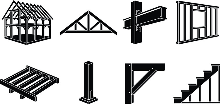 House Framing and Structural Timber Construction Black Vector Icon Set Featuring Truss Beam Wall Joist