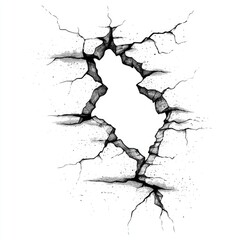 Obraz premium A black and white drawing of a crack in a wall. The crack is large and deep, and the surrounding area is covered in rubble. Scene is one of destruction and chaos