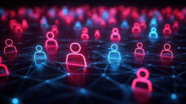 glowing red and blue user icons connected by luminous network lines on a dark digital grid, evoking a futuristic, connected yet divided virtual community