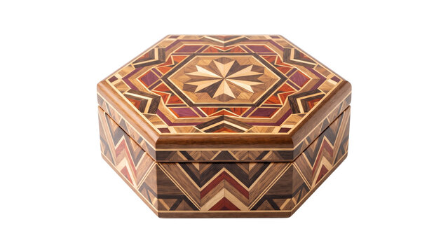 Hexagonal wooden box with geometric marquetry. Handcrafted jewelry box with intricate inlay design. Decorative storage container with Mediterranean style. Turquoise box for keepsakes and