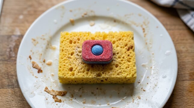 A single dishwasher detergent tablet placed on a yellow kitchen sponge on a dirty white plate