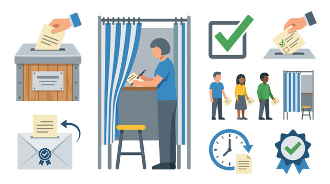 Flat Vector Illustration Icon Collection Representing a Democratic Voting Event with Diverse People Casting Ballots in Polling Booths